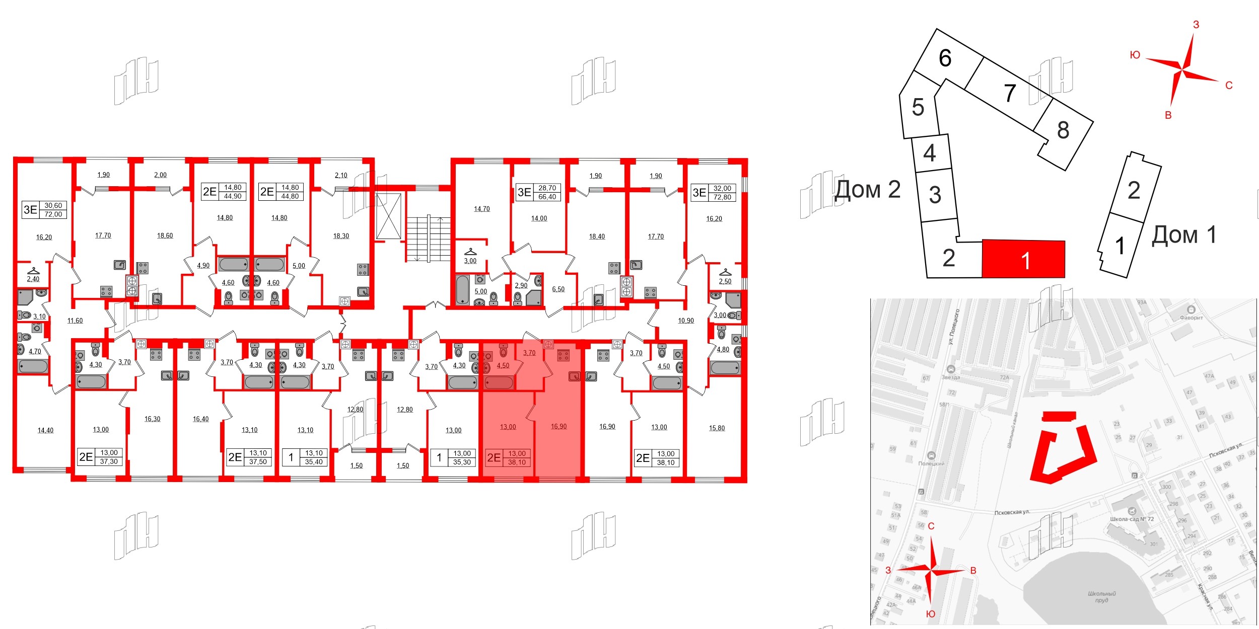 Квартира в ЖК «Дом на Красной», 1 комнатная, 38.1 м², 2 этаж