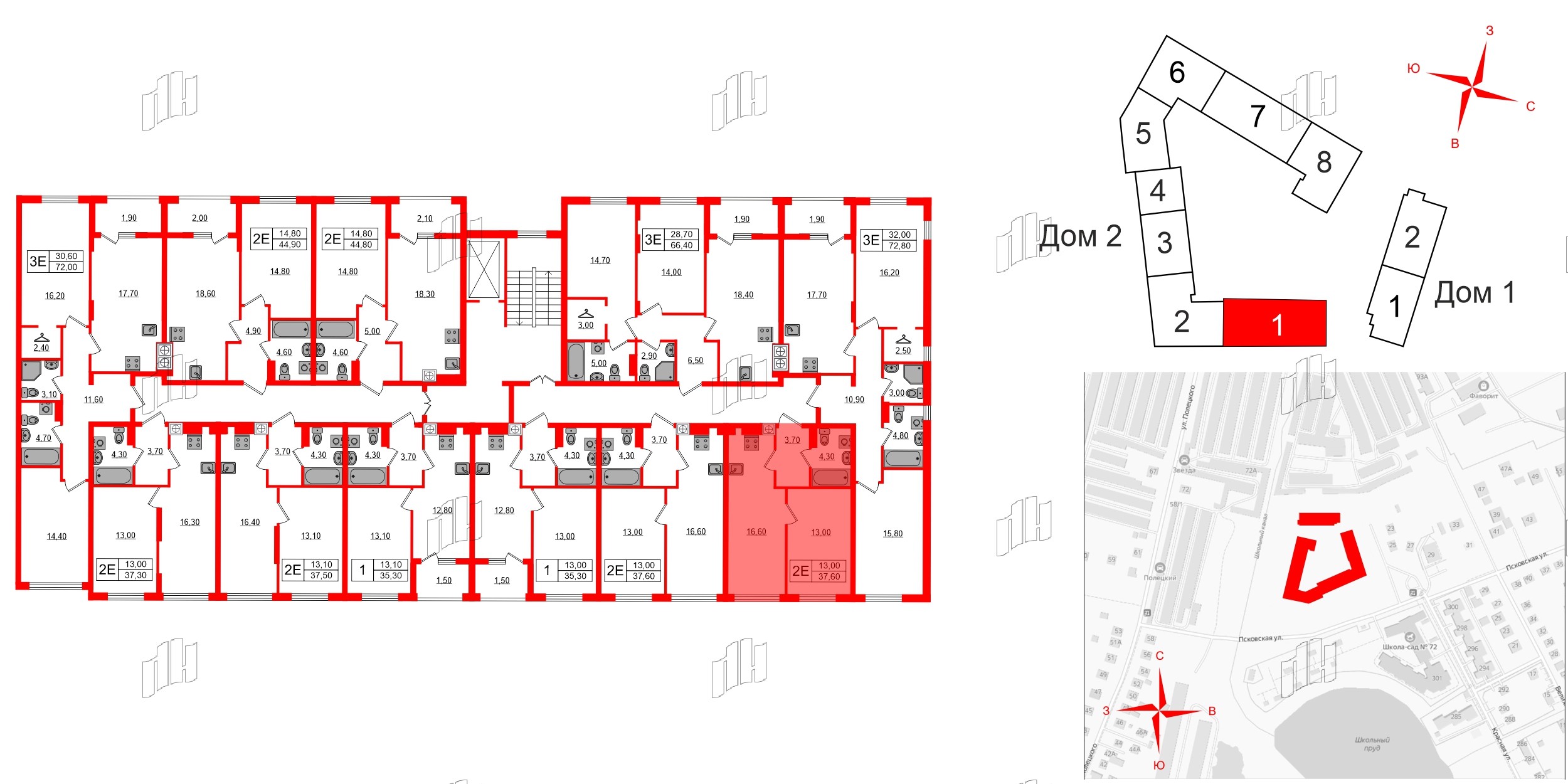 Квартира в ЖК «Дом на Красной», 1 комнатная, 37.6 м², 3 этаж