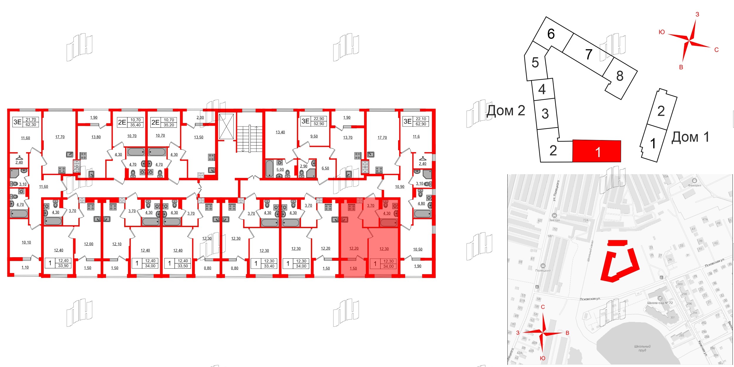 Квартира в ЖК «Дом на Красной», 1 комнатная, 34 м², 8 этаж