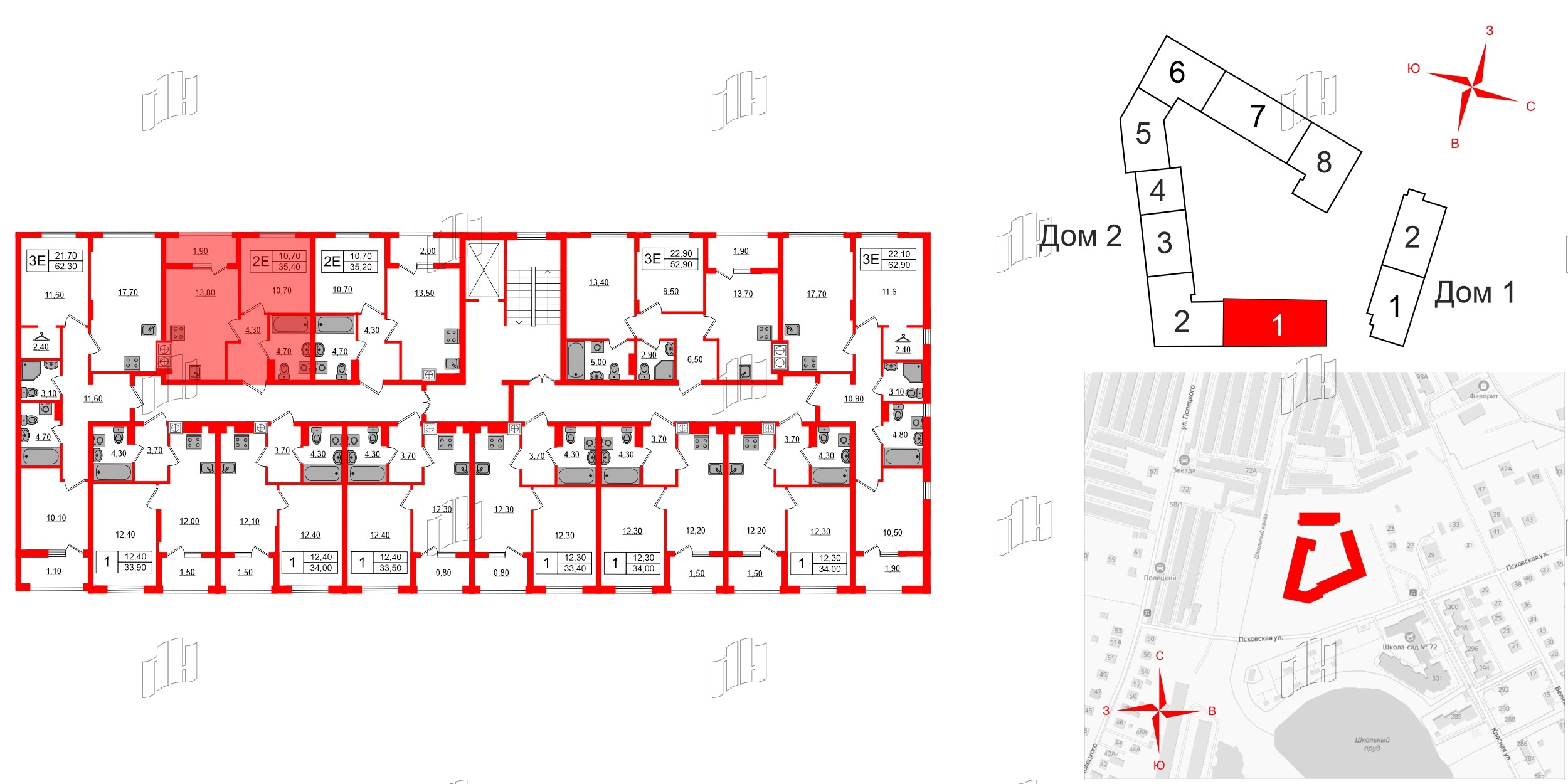 Квартира в ЖК «Дом на Красной», 1 комнатная, 35.4 м², 8 этаж
