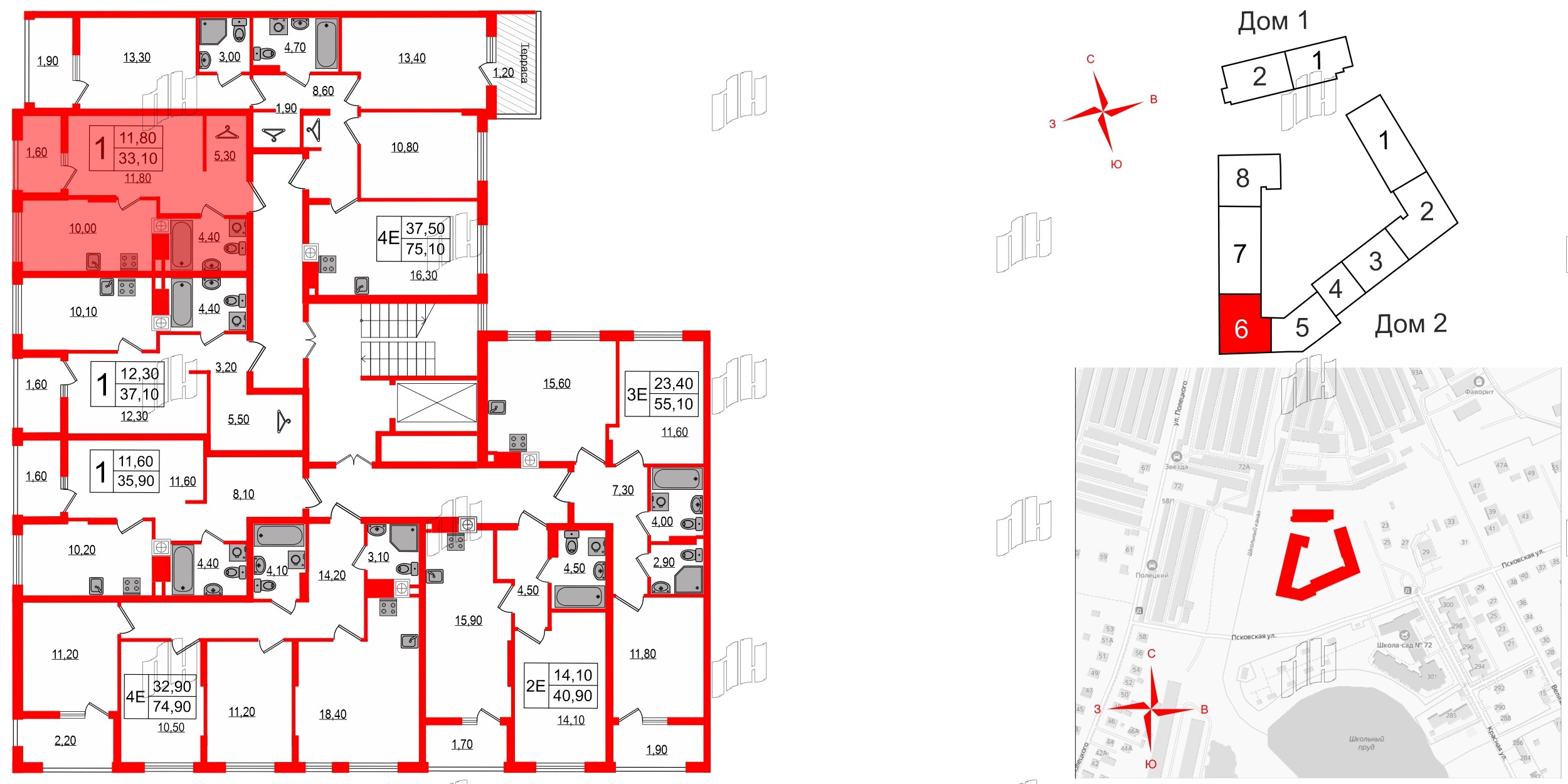 Квартира в ЖК «Дом на Красной», 1 комнатная, 33.1 м², 7 этаж
