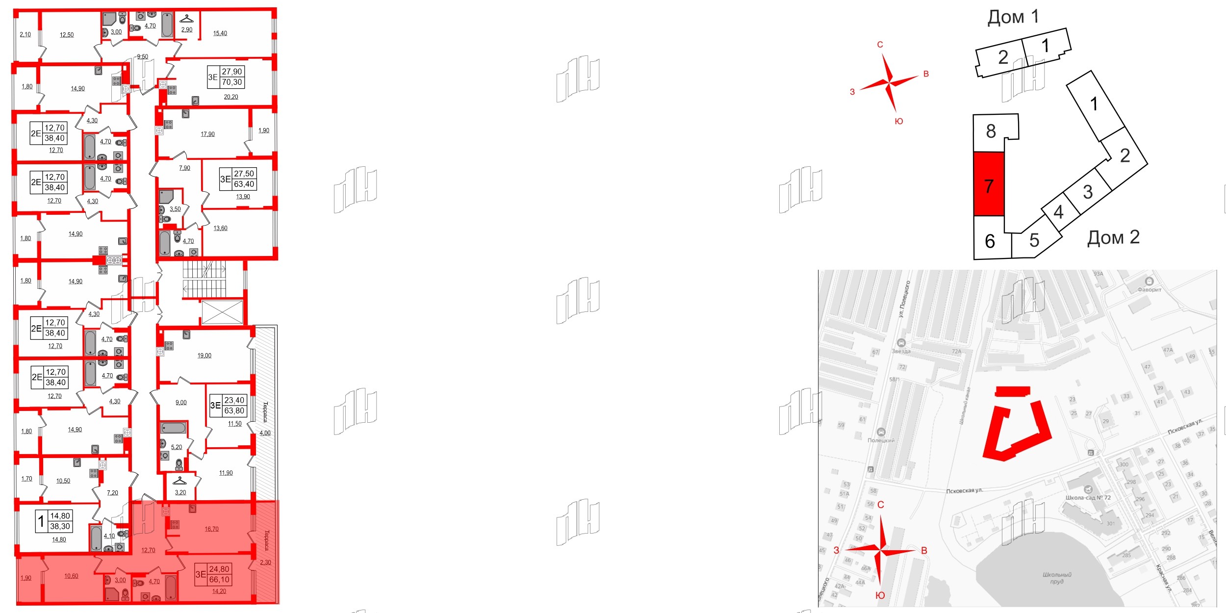 Квартира в ЖК «Дом на Красной», 2 комнатная, 66.1 м², 7 этаж