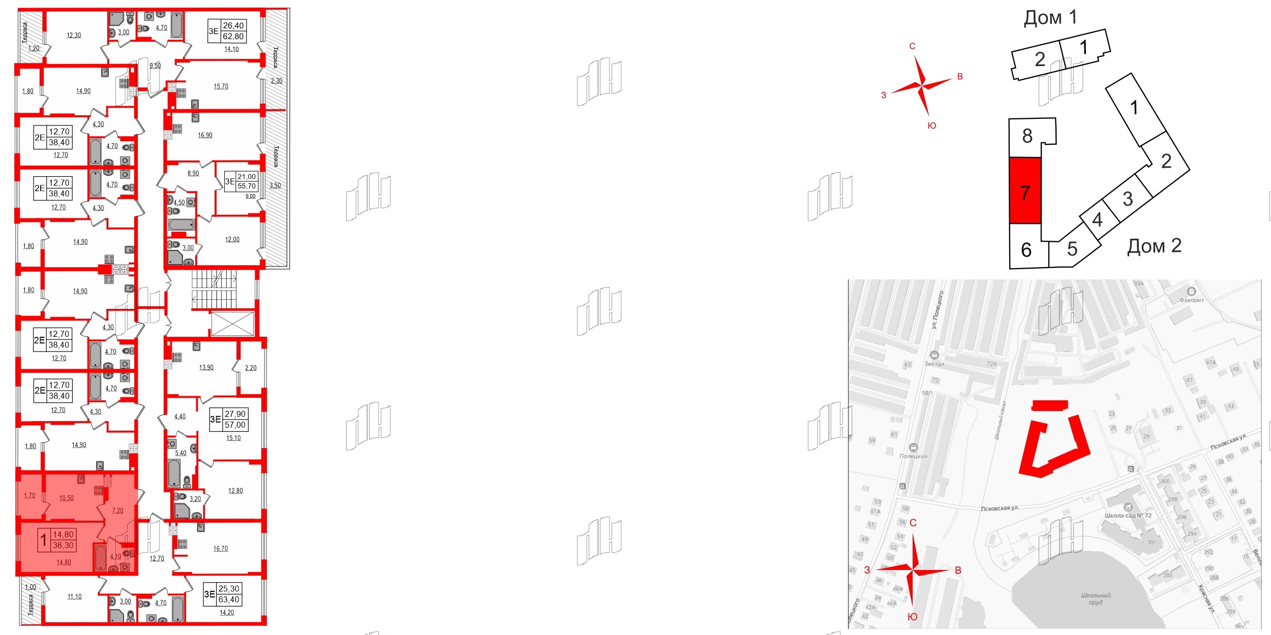 Квартира в ЖК «Дом на Красной», 1 комнатная, 38.3 м², 8 этаж