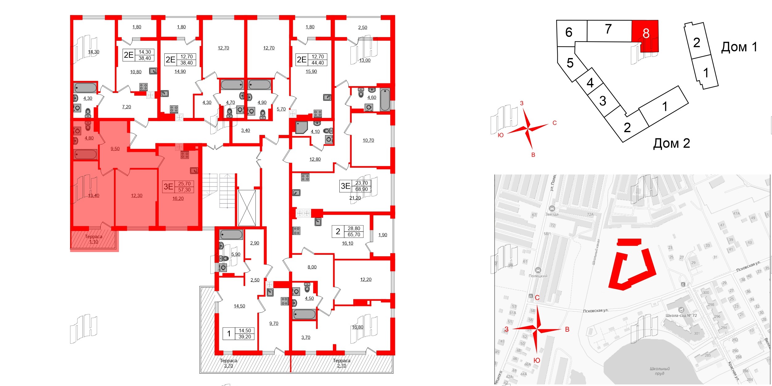 Квартира в ЖК «Дом на Красной», 2 комнатная, 57.3 м², 8 этаж