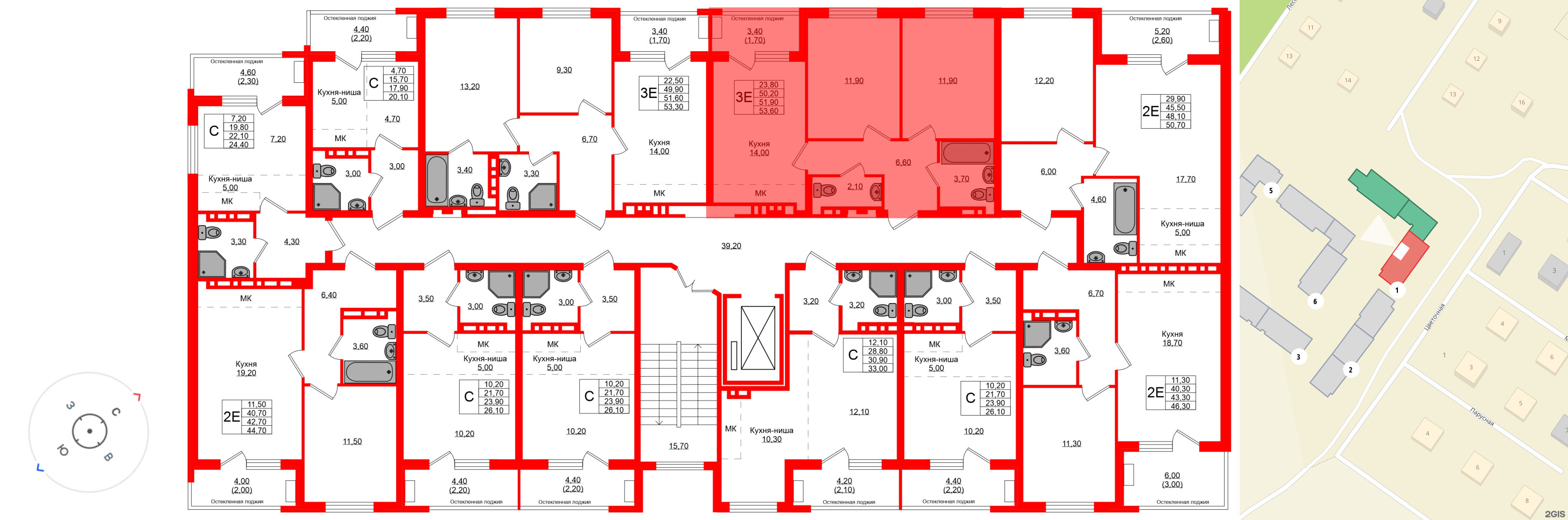 Квартира в ЖК «Кроны и Волны», 2 комнатная, 51.9 м², 2 этаж