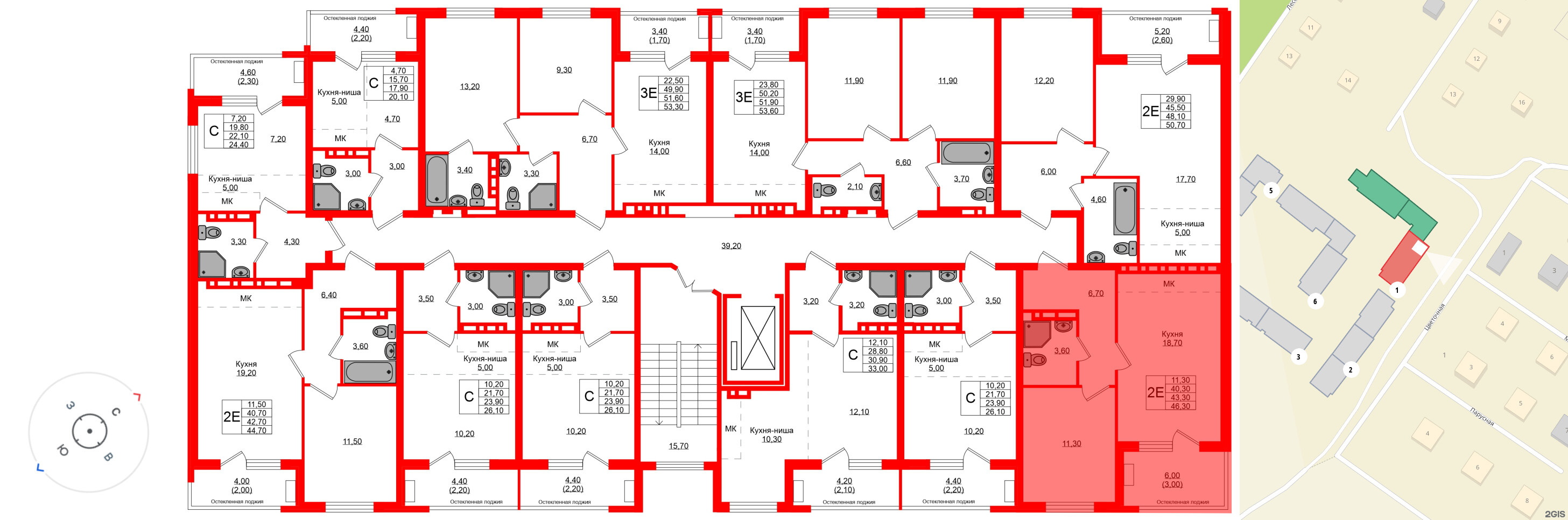Квартира в ЖК Кроны и Волны, 1 комнатная, 43.3 м², 2 этаж