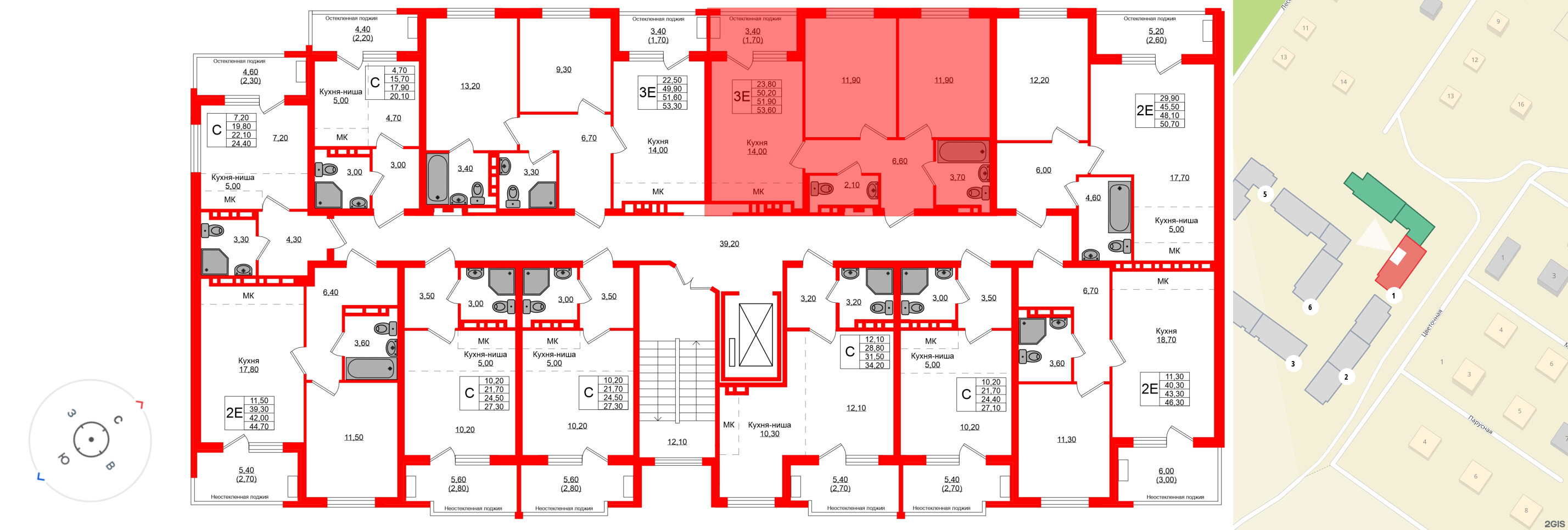 Квартира в ЖК Кроны и Волны, 2 комнатная, 51.9 м², 4 этаж