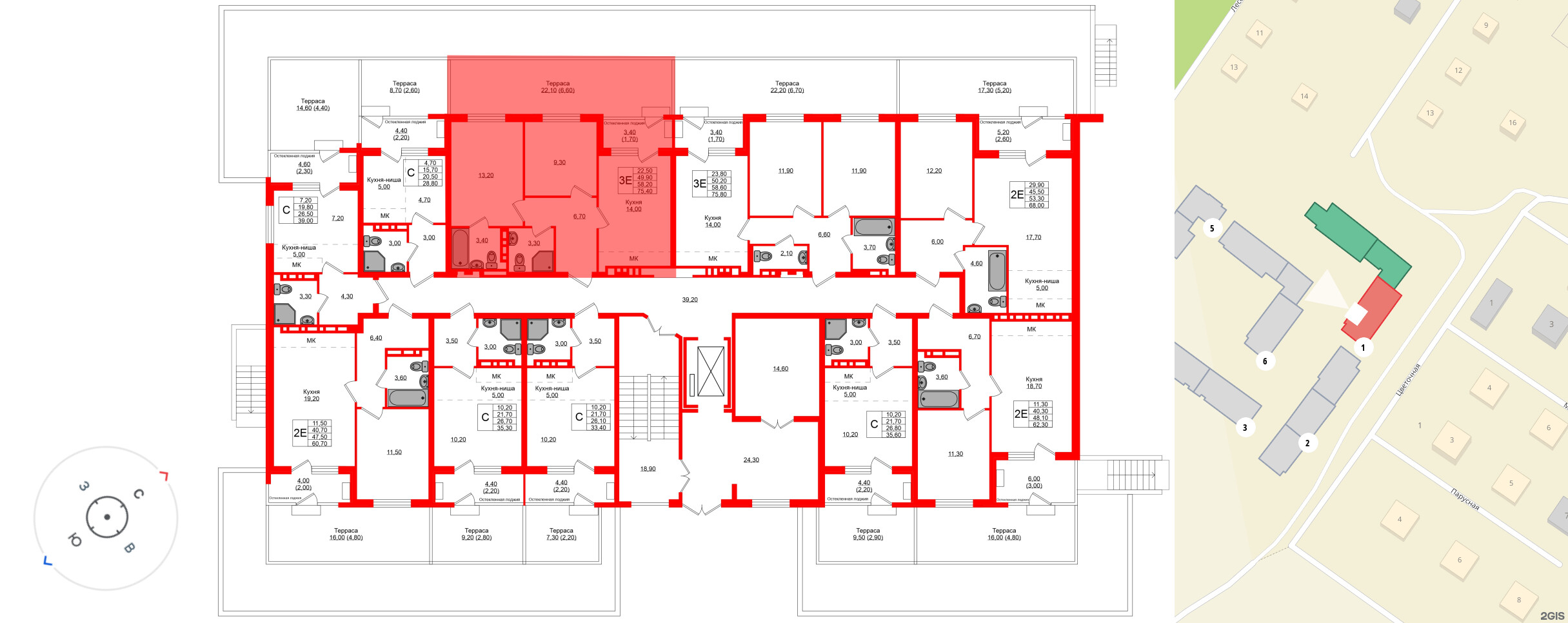 Квартира в ЖК Кроны и Волны, 2 комнатная, 58.2 м², 1 этаж