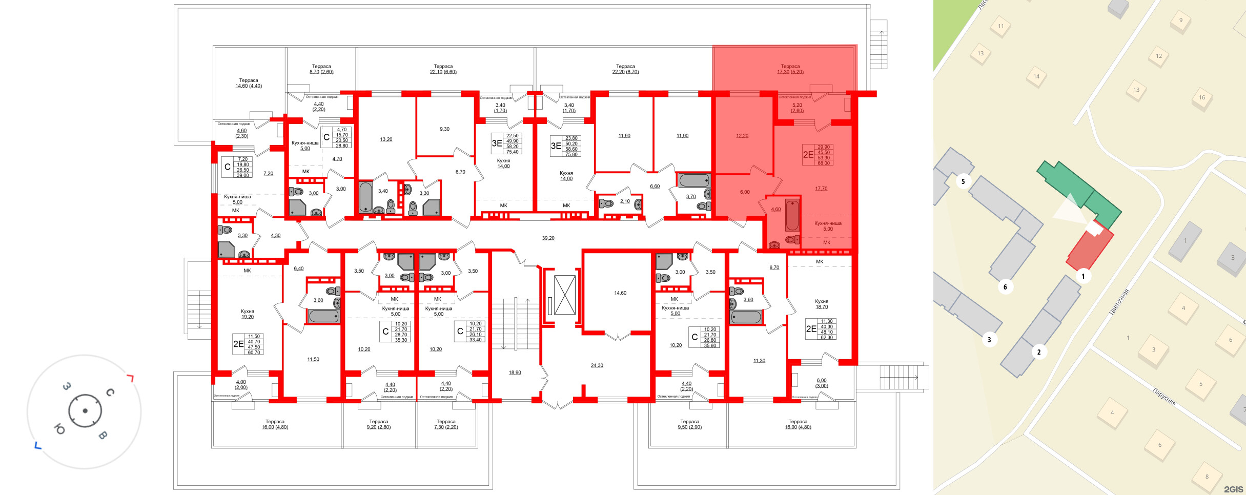 Квартира в ЖК Кроны и Волны, 2 комнатная, 53.3 м², 1 этаж