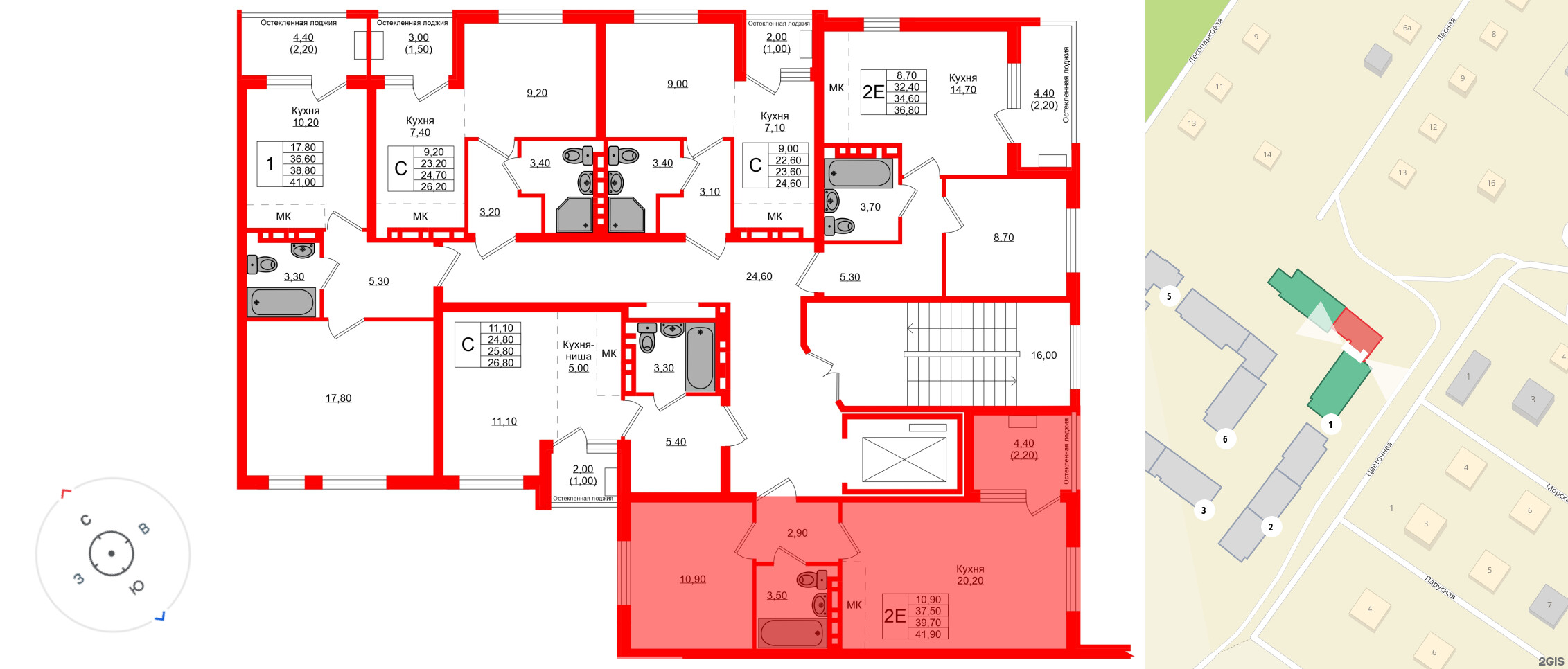 Квартира в ЖК Кроны и Волны, 1 комнатная, 39.7 м², 2 этаж