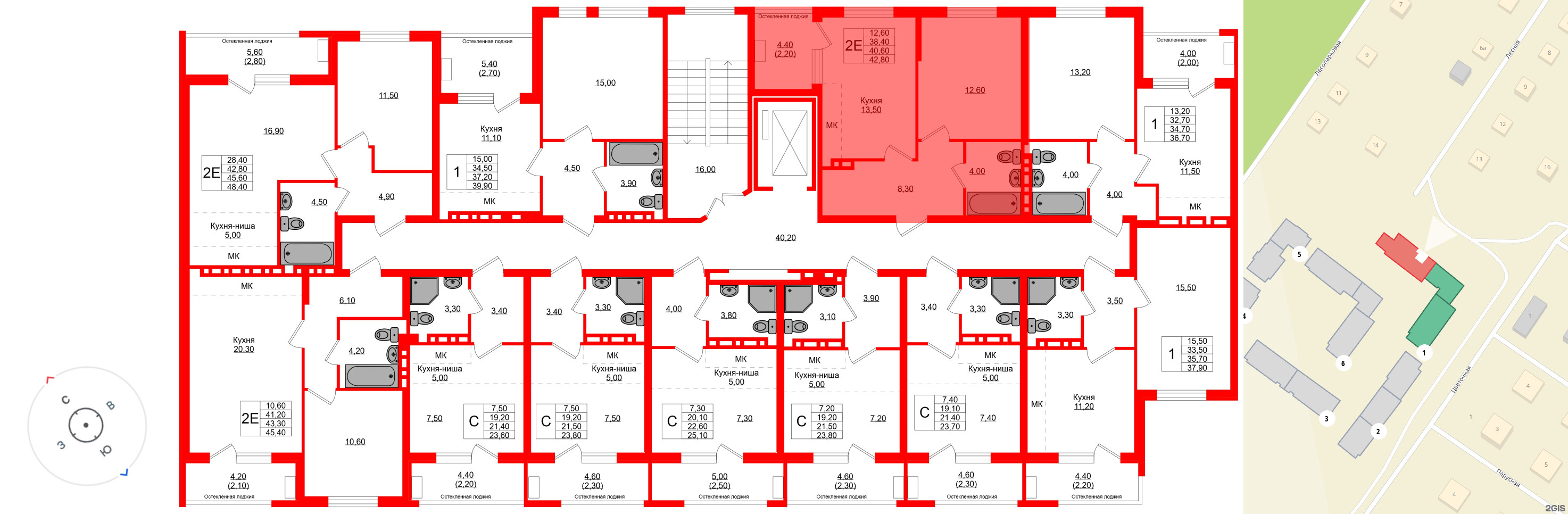 Квартира в ЖК Кроны и Волны, 1 комнатная, 40.6 м², 3 этаж