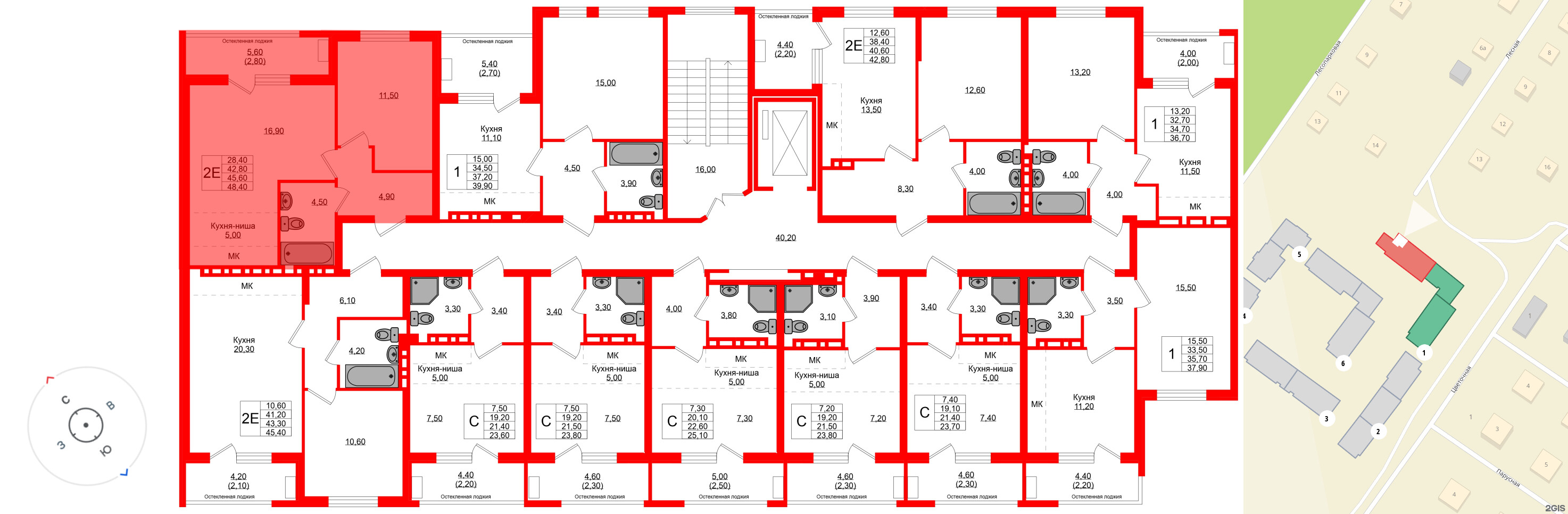 Квартира в ЖК Кроны и Волны, 2 комнатная, 45.6 м², 3 этаж