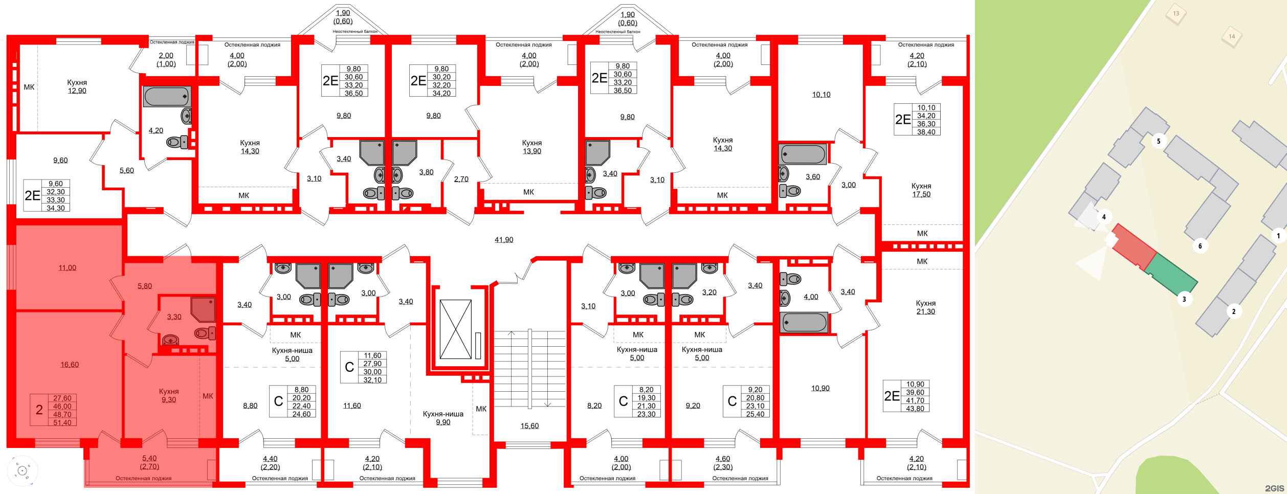 Квартира в ЖК Кроны и Волны, 2 комнатная, 48.7 м², 2 этаж