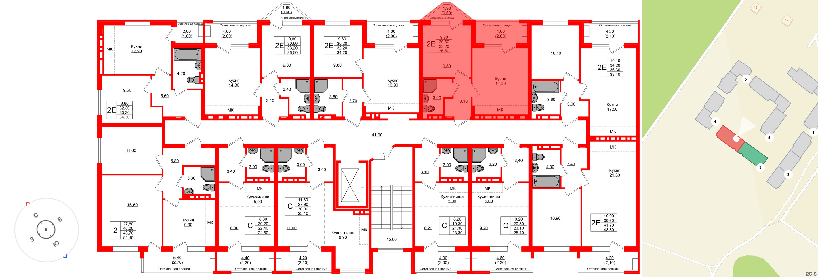Квартира в ЖК «Кроны и Волны», 1 комнатная, 33.2 м², 2 этаж