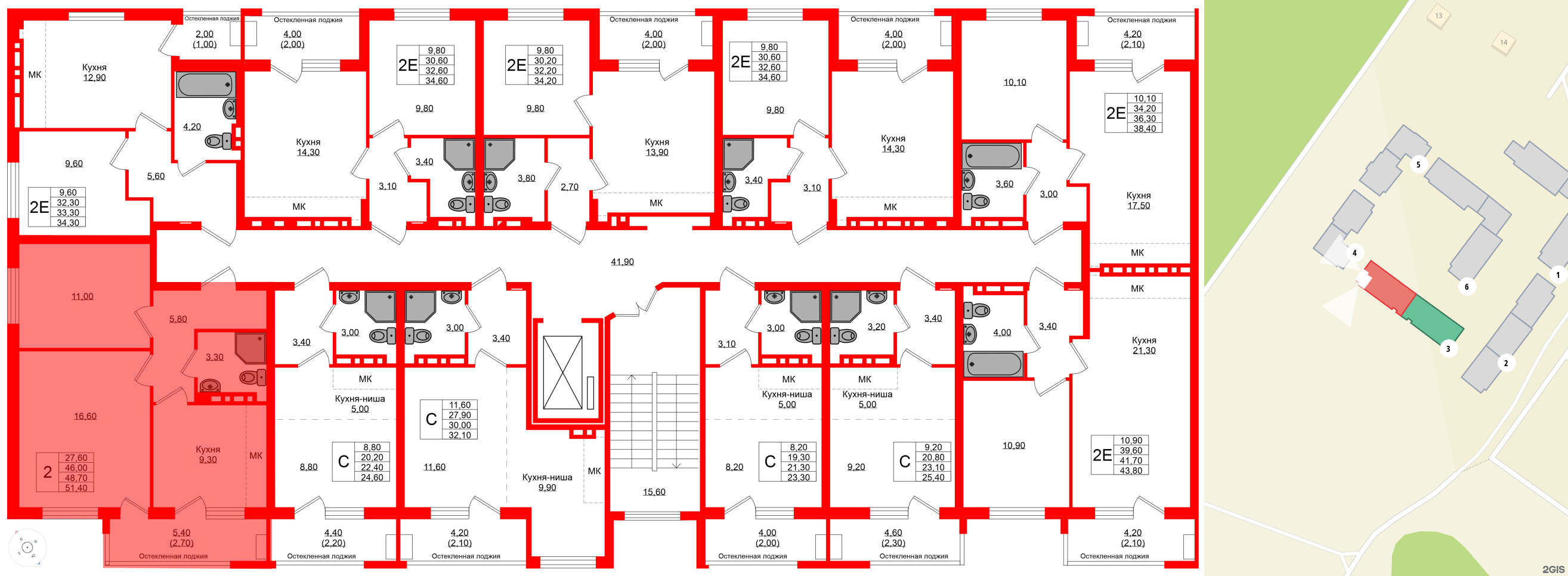 Квартира в ЖК Кроны и Волны, 2 комнатная, 48.7 м², 3 этаж