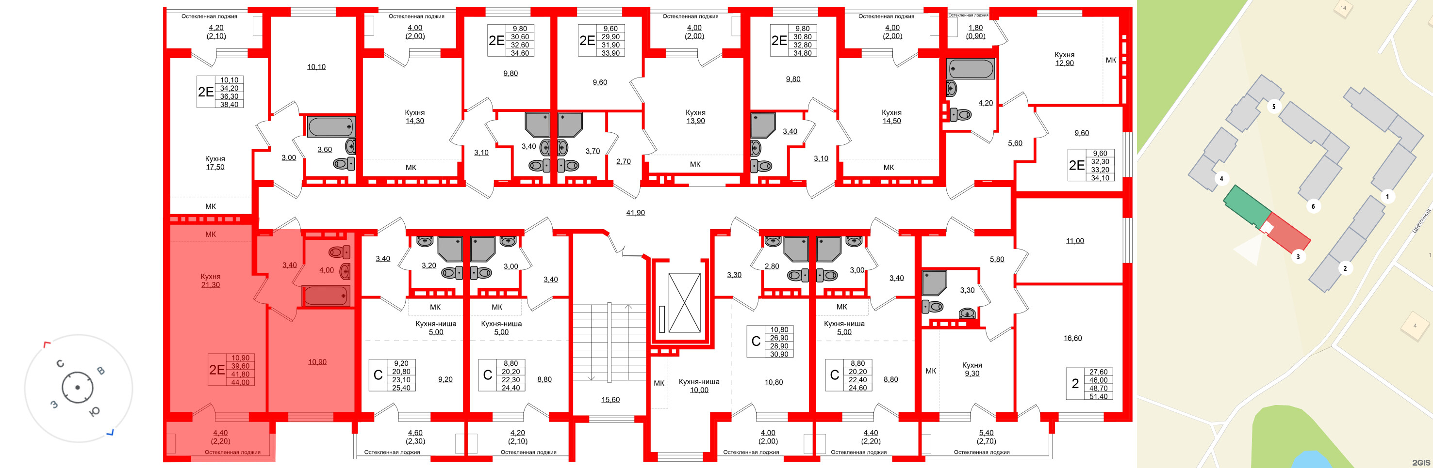 Квартира в ЖК Кроны и Волны, 1 комнатная, 41.8 м², 2 этаж