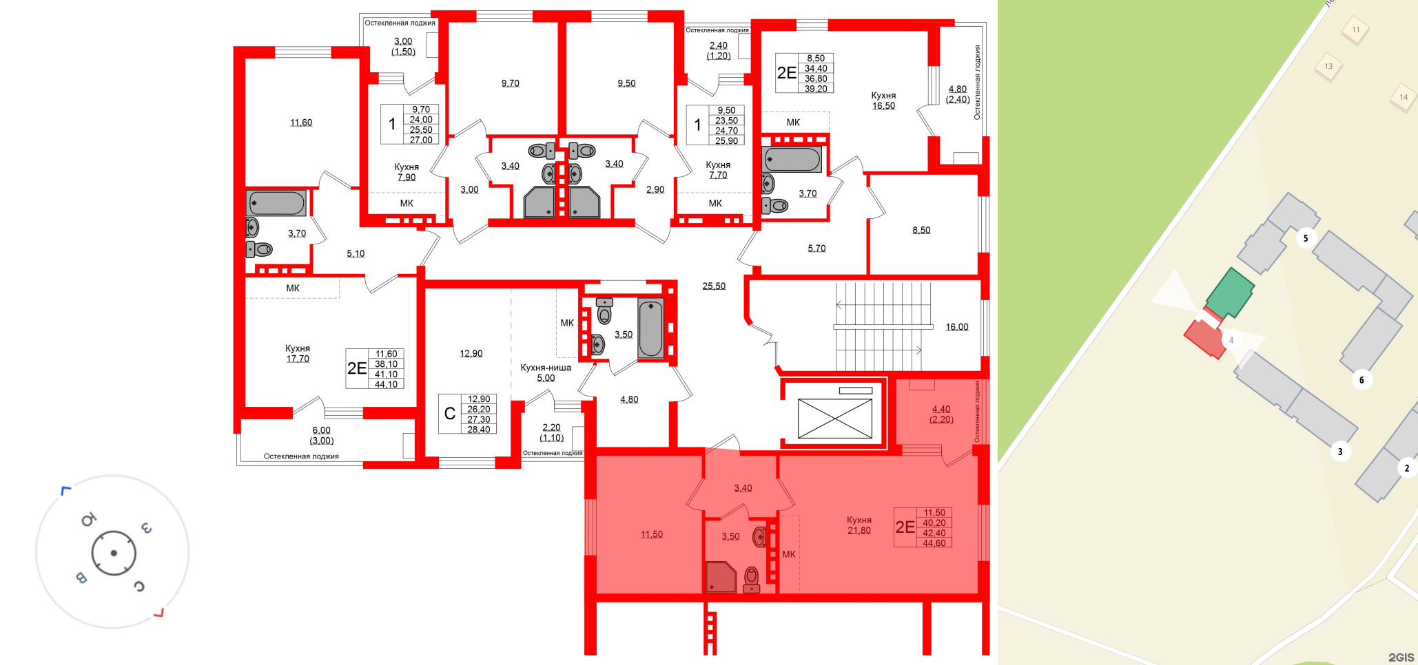 Квартира в ЖК Кроны и Волны, 1 комнатная, 42.4 м², 2 этаж