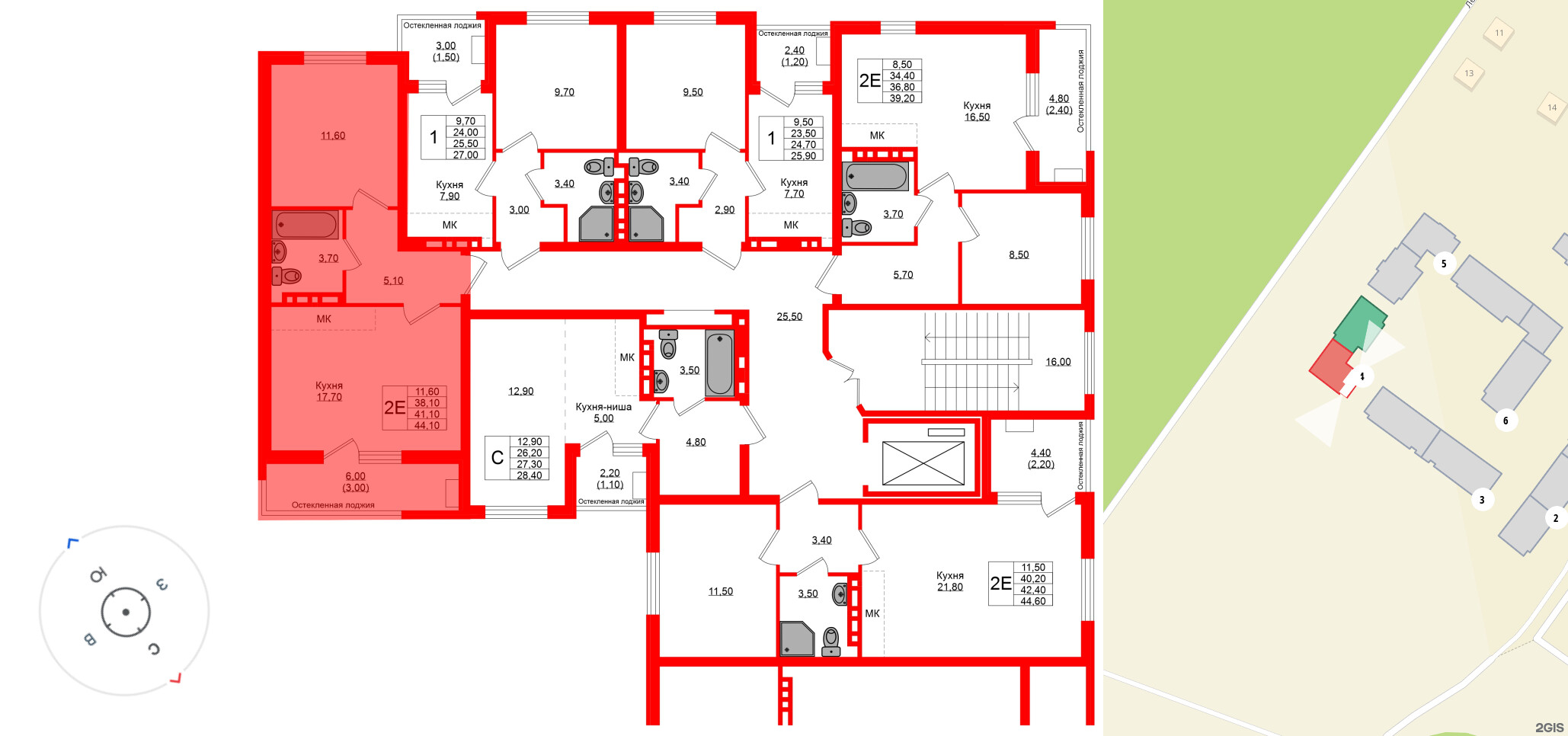 Квартира в ЖК Кроны и Волны, 1 комнатная, 41.1 м², 2 этаж