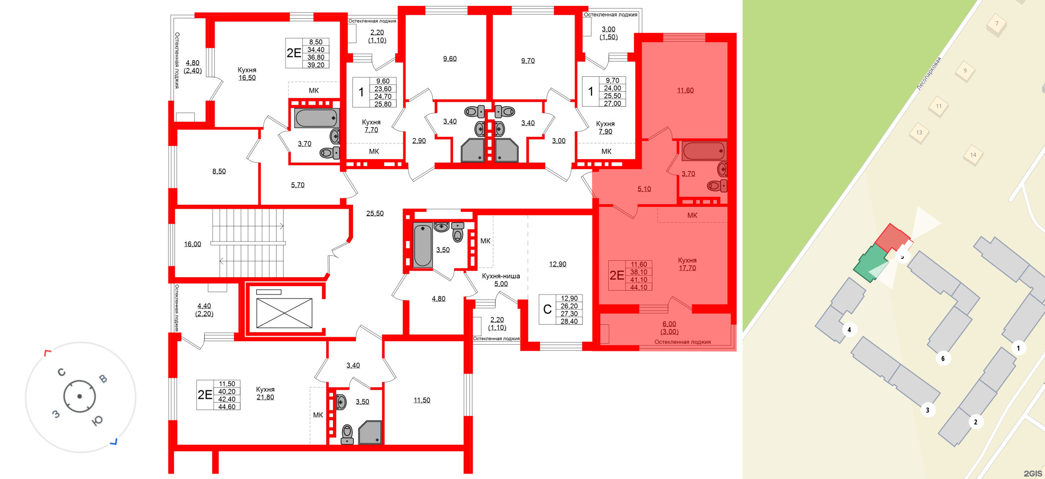 Квартира в ЖК Кроны и Волны, 1 комнатная, 41.1 м², 2 этаж