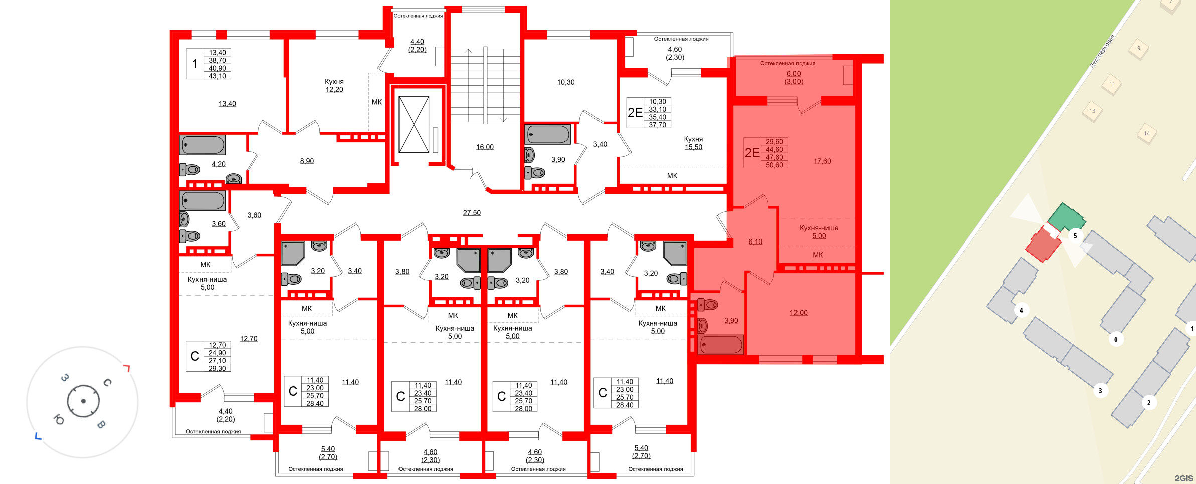 Квартира в ЖК Кроны и Волны, 2 комнатная, 47.6 м², 2 этаж
