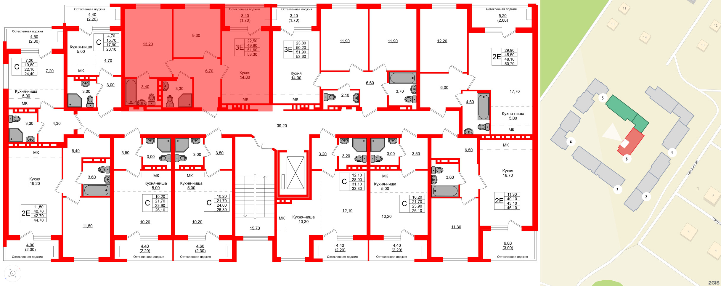 Квартира в ЖК Кроны и Волны, 2 комнатная, 51.6 м², 2 этаж