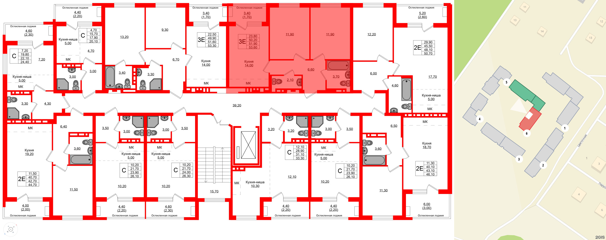 Квартира в ЖК Кроны и Волны, 2 комнатная, 51.9 м², 3 этаж
