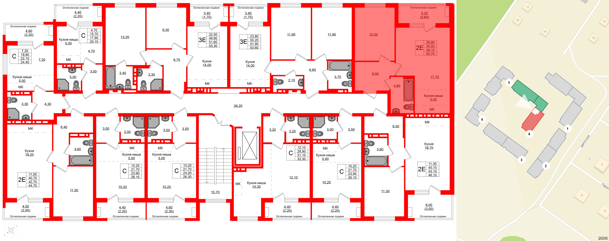 Квартира в ЖК Кроны и Волны, 2 комнатная, 48.1 м², 2 этаж