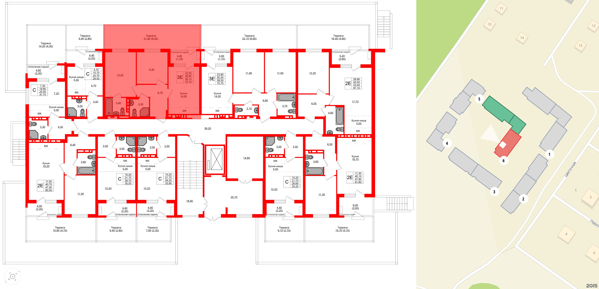Квартира в ЖК Кроны и Волны, 2 комнатная, 58.1 м², 1 этаж