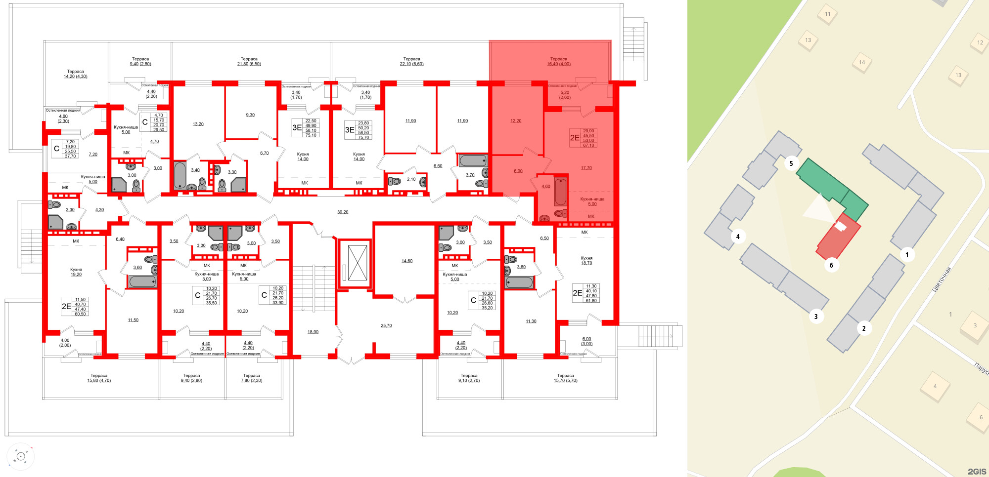 Квартира в ЖК Кроны и Волны, 2 комнатная, 53 м², 1 этаж