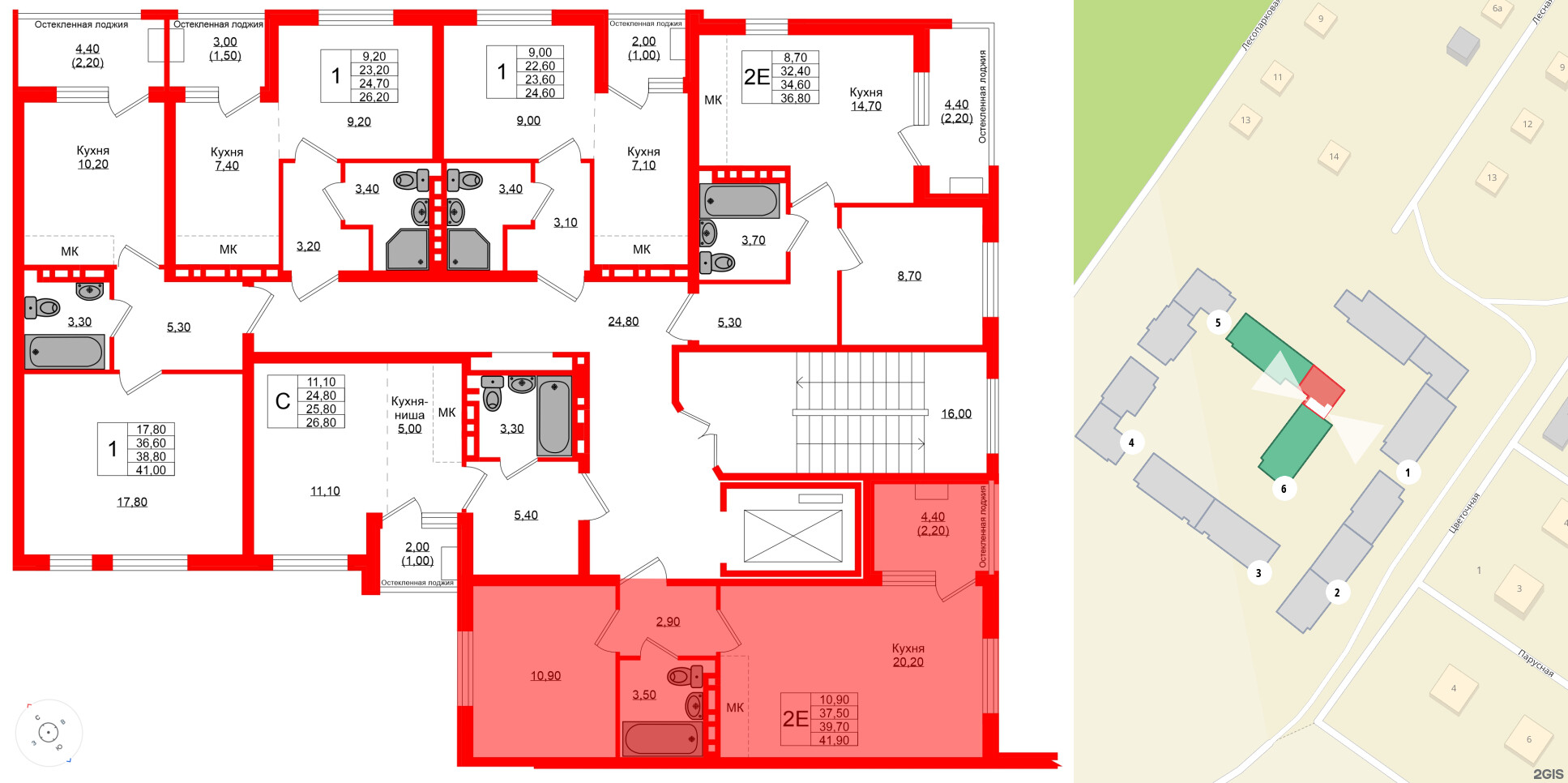 Квартира в ЖК Кроны и Волны, 1 комнатная, 39.7 м², 2 этаж