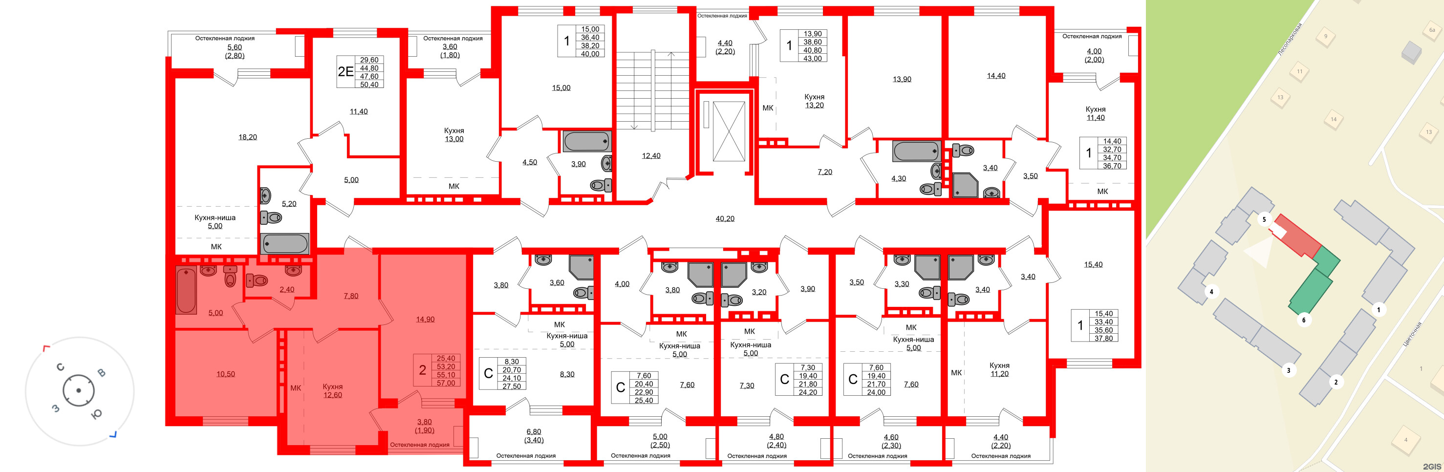 Квартира в ЖК Кроны и Волны, 2 комнатная, 55.1 м², 4 этаж