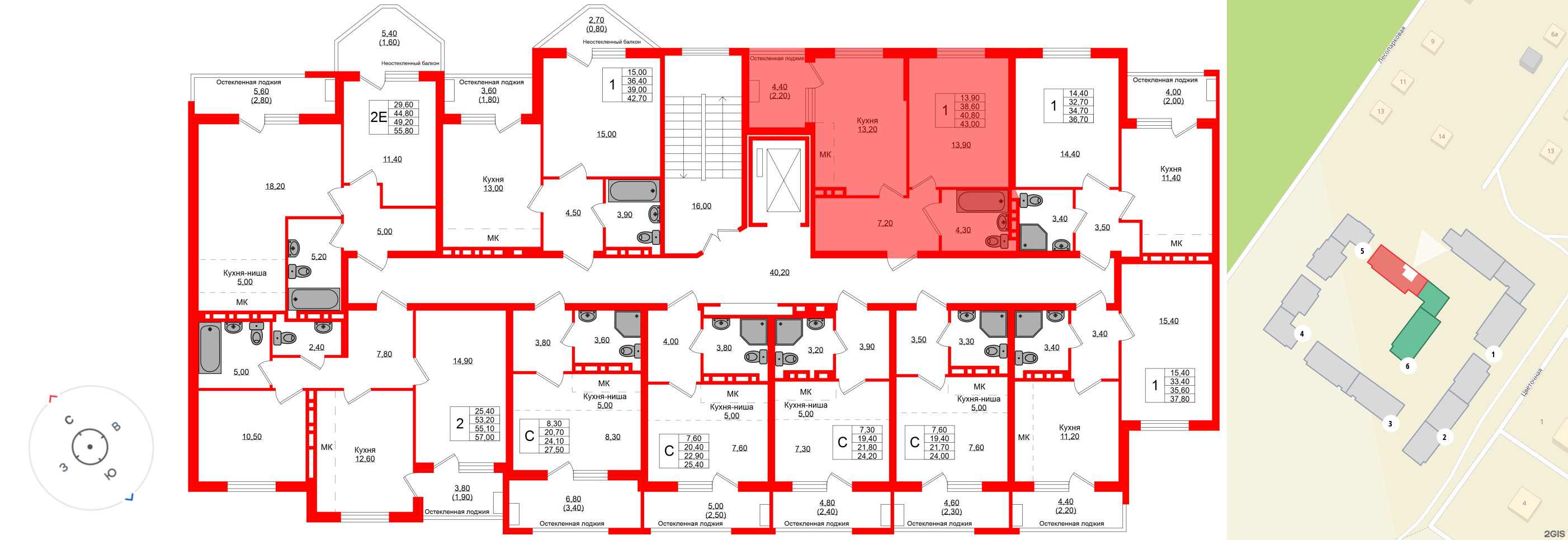 Квартира в ЖК Кроны и Волны, 1 комнатная, 40.8 м², 2 этаж