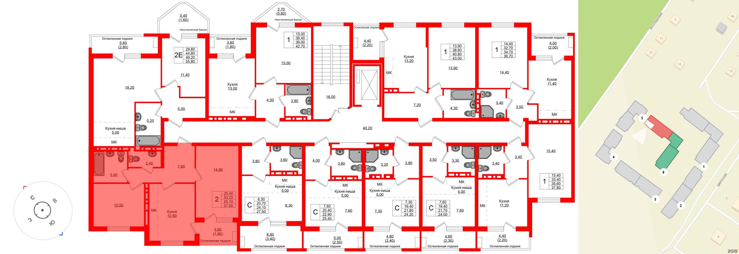 Квартира в ЖК Кроны и Волны, 2 комнатная, 55.1 м², 2 этаж