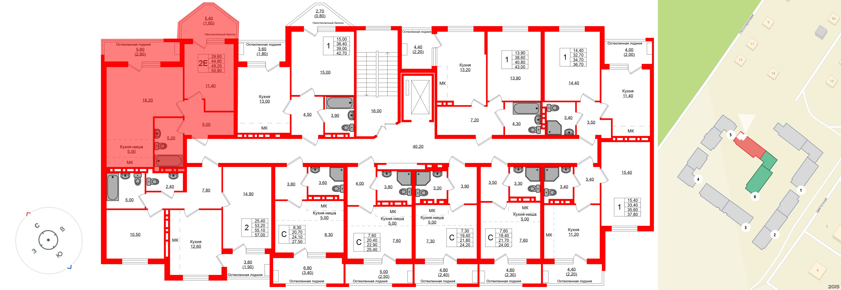 Квартира в ЖК Кроны и Волны, 2 комнатная, 49.2 м², 2 этаж