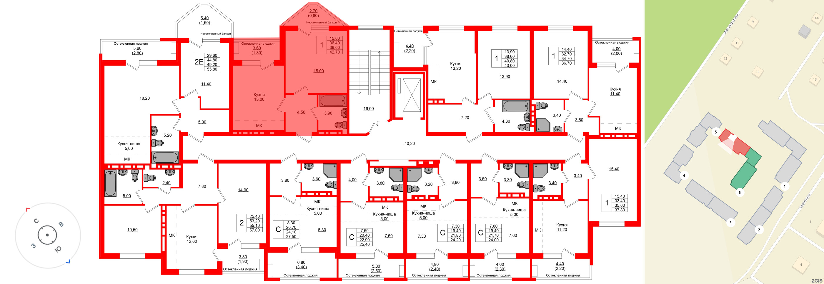 Квартира в ЖК Кроны и Волны, 1 комнатная, 39 м², 2 этаж