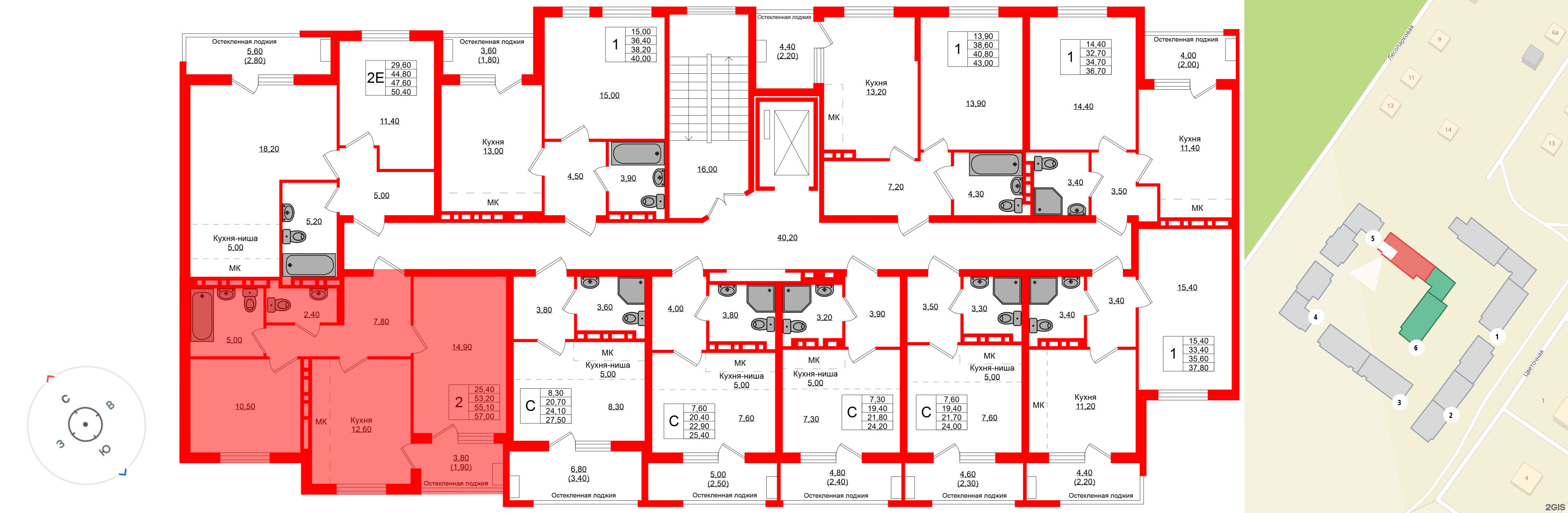 Квартира в ЖК Кроны и Волны, 2 комнатная, 55.1 м², 3 этаж