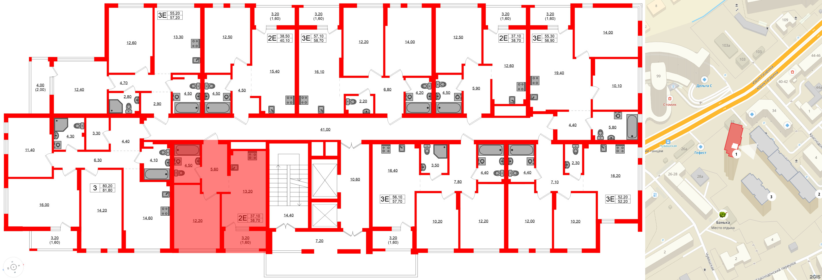 Квартира в ЖК Гагарина 30, 1 комнатная, 37.1 м², 2 этаж