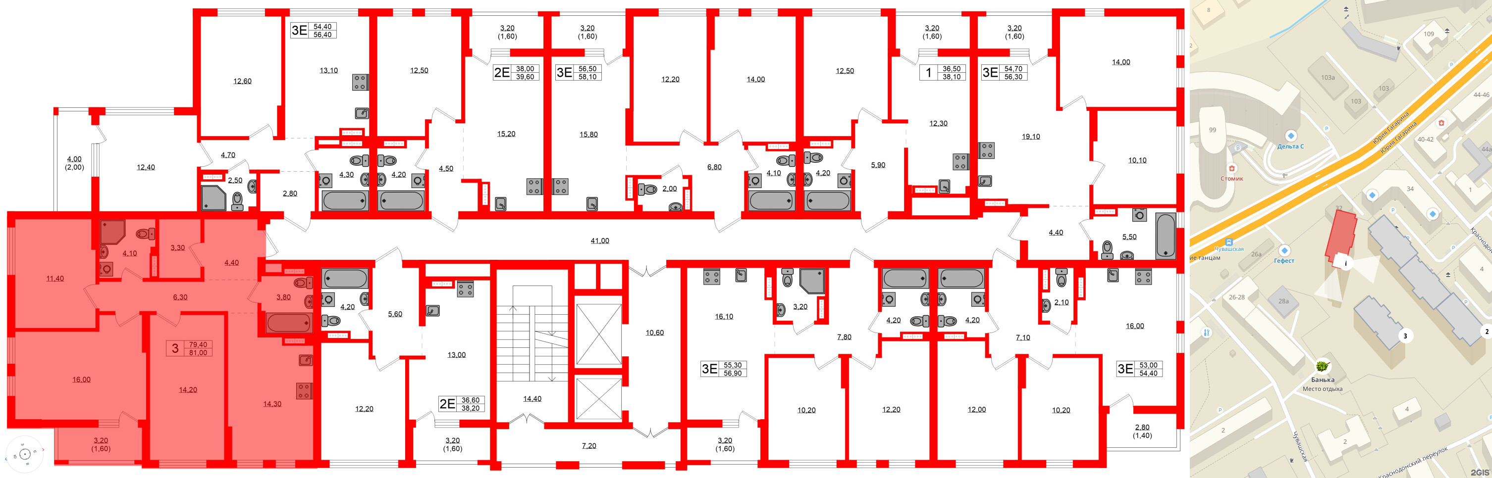 Квартира в ЖК Гагарина 30, 3 комнатная, 79.4 м², 4 этаж