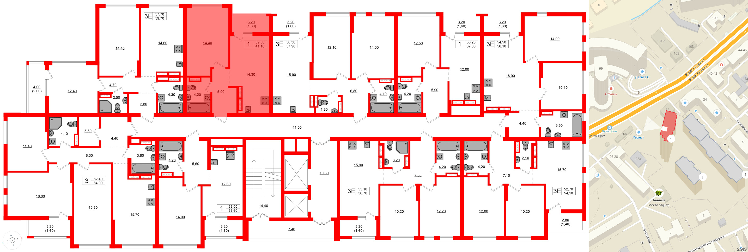 Квартира в ЖК Гагарина 30, 1 комнатная, 39.5 м², 17 этаж