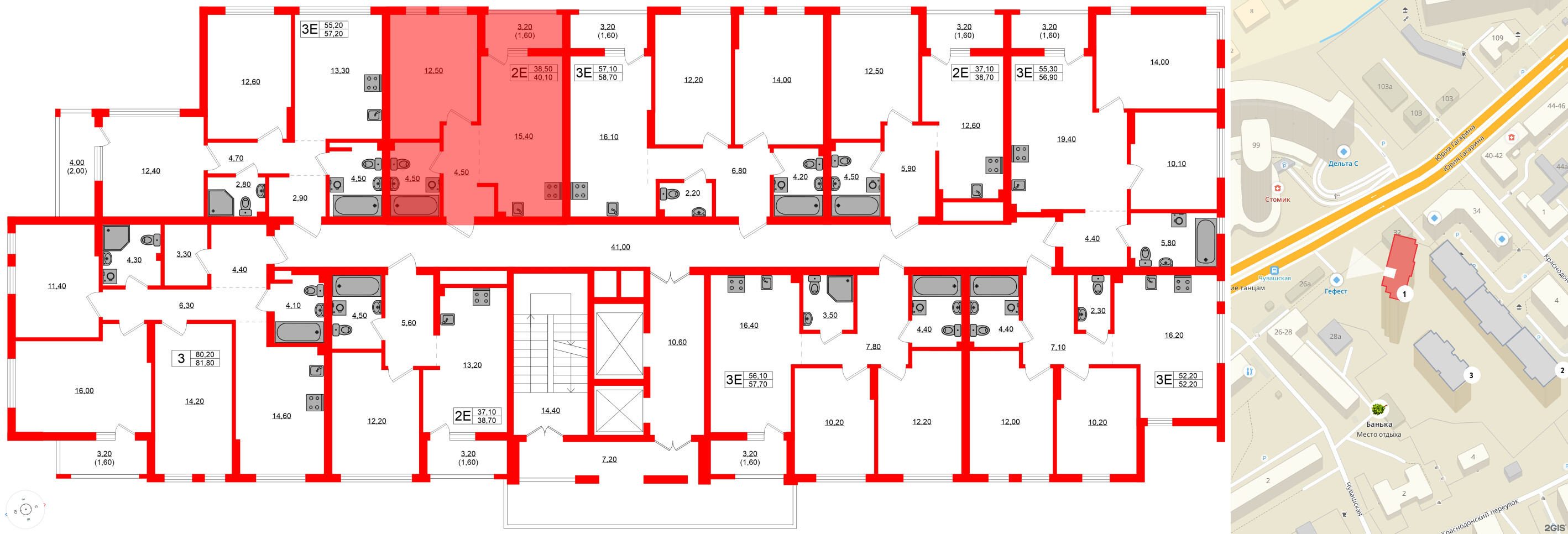 Квартира в ЖК Гагарина 30, 1 комнатная, 38.5 м², 2 этаж