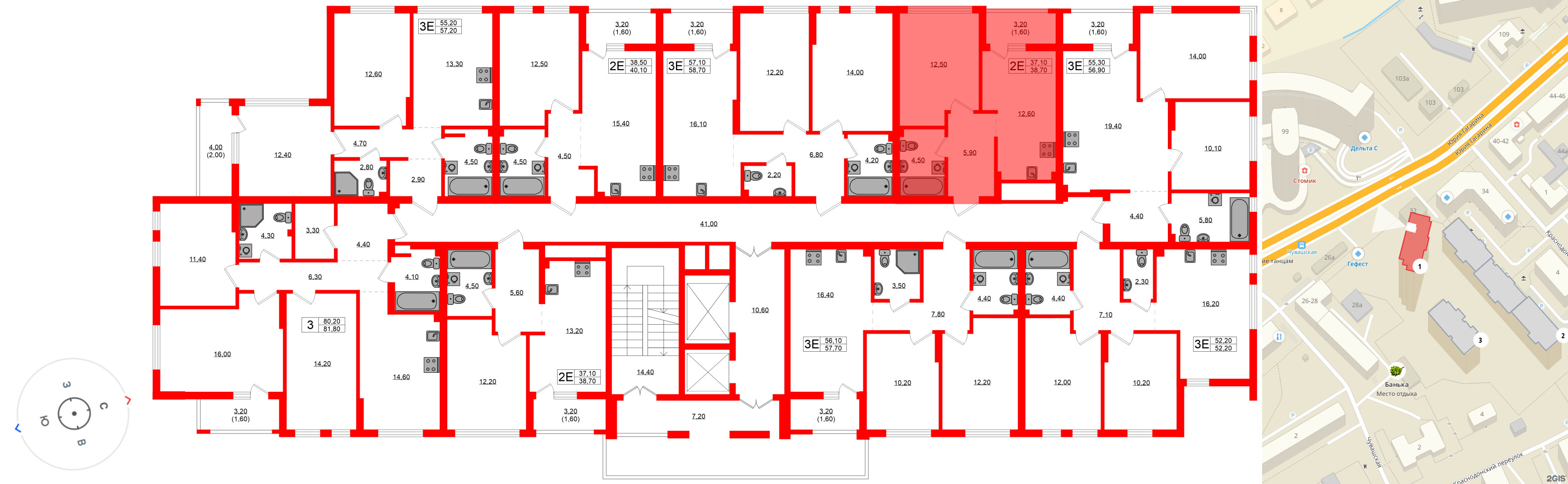 Квартира в ЖК Гагарина 30, 1 комнатная, 37.1 м², 2 этаж