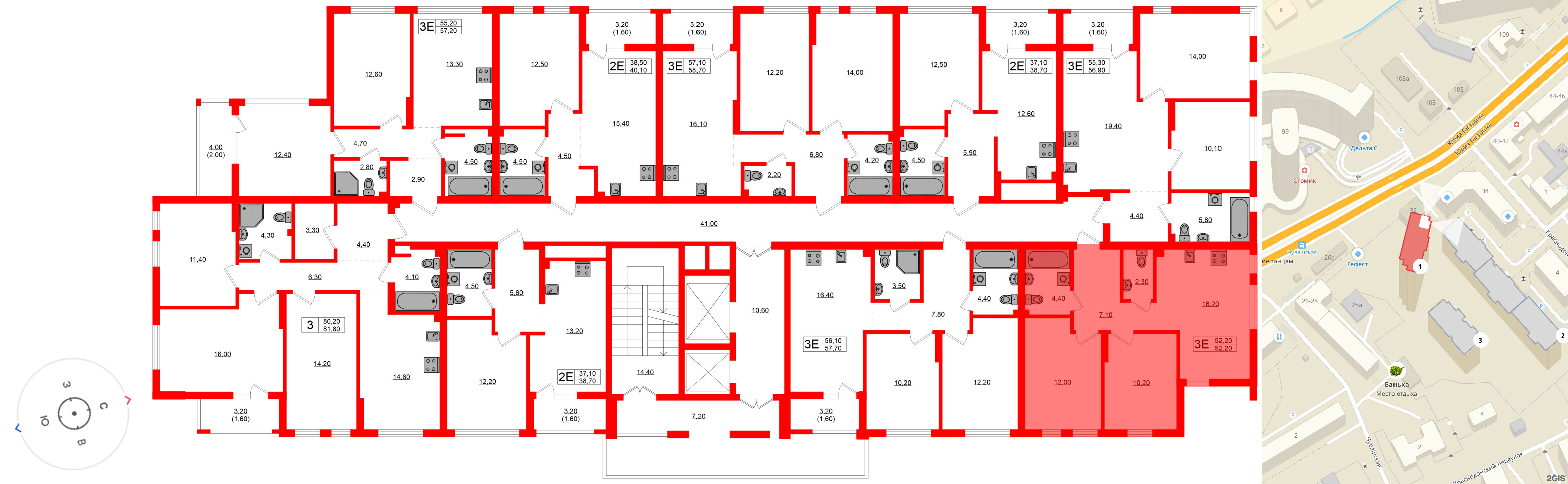 Квартира в ЖК Гагарина 30, 2 комнатная, 52.2 м², 2 этаж