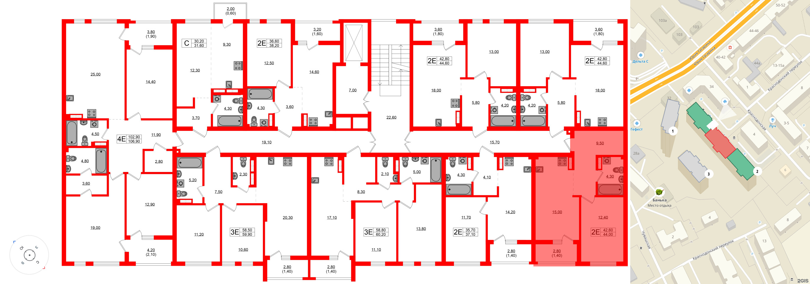 Квартира в ЖК «Гагарина 30», 1 комнатная, 42.6 м², 6 этаж