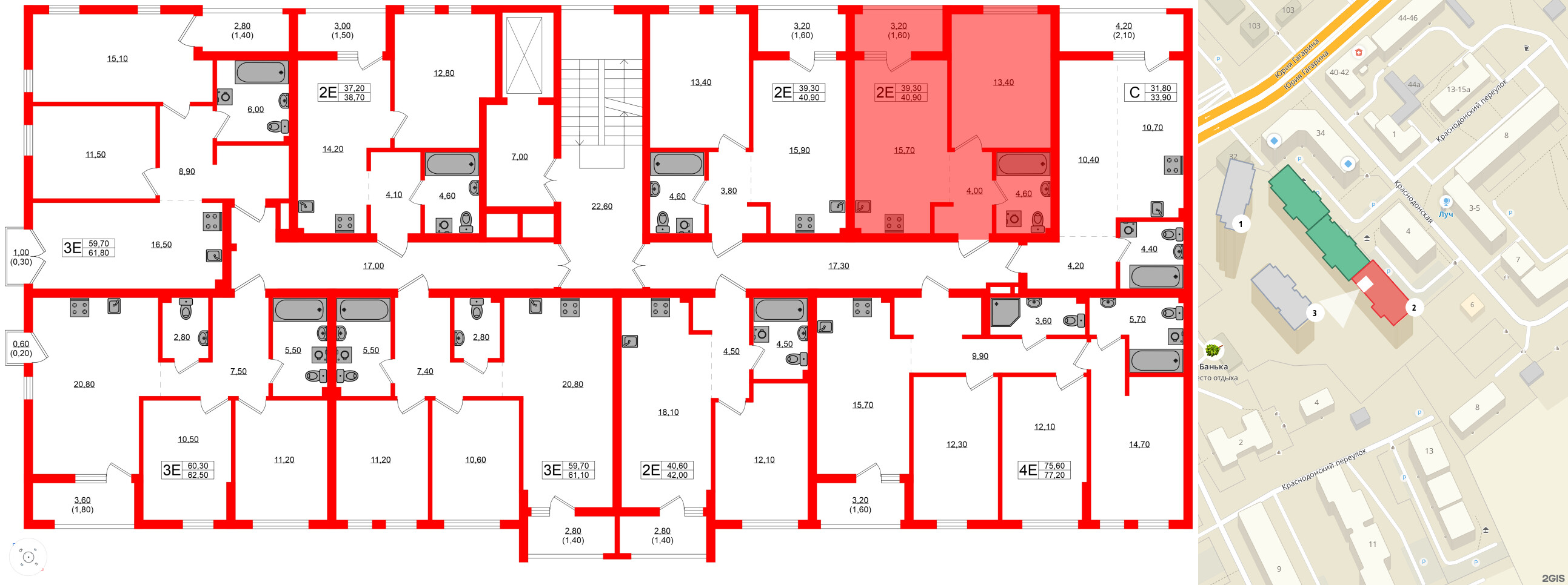 Квартира в ЖК Гагарина 30, 1 комнатная, 39.3 м², 2 этаж