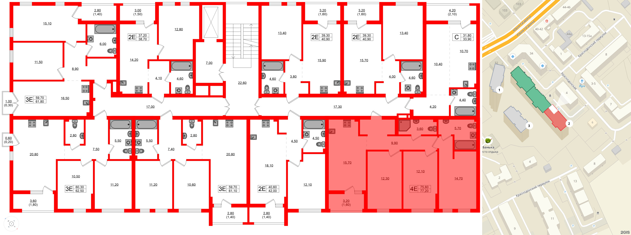 Квартира в ЖК Гагарина 30, 3 комнатная, 75.6 м², 2 этаж