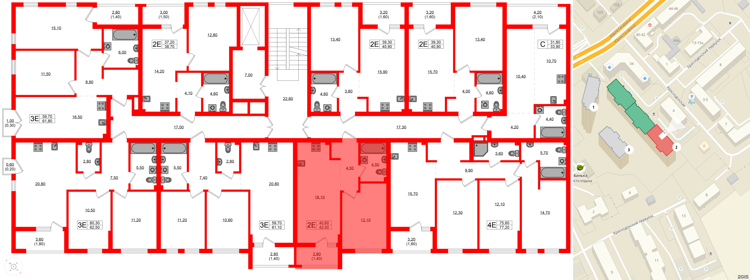 Квартира в ЖК Гагарина 30, 1 комнатная, 40.6 м², 2 этаж