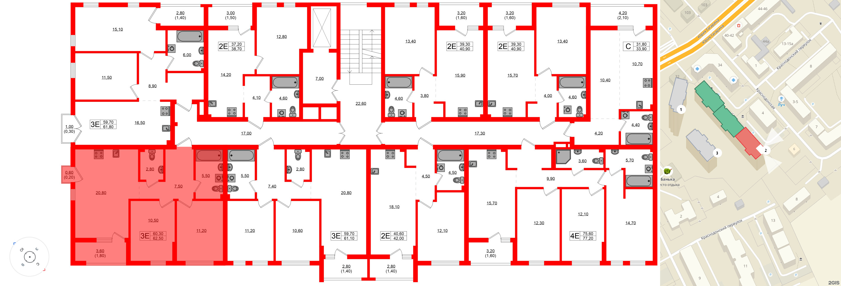 Квартира в ЖК Гагарина 30, 2 комнатная, 60.3 м², 2 этаж