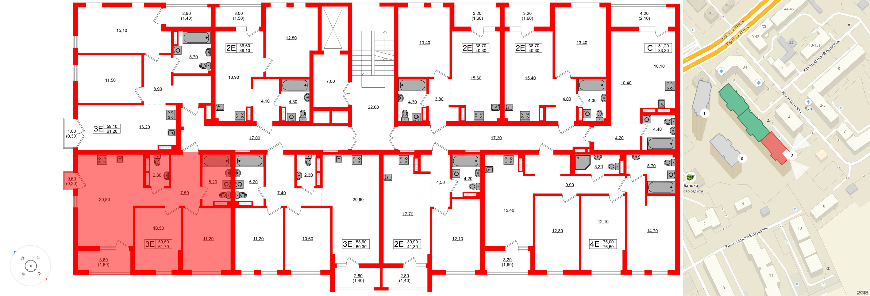 Квартира в ЖК Гагарина 30, 2 комнатная, 59.5 м², 4 этаж