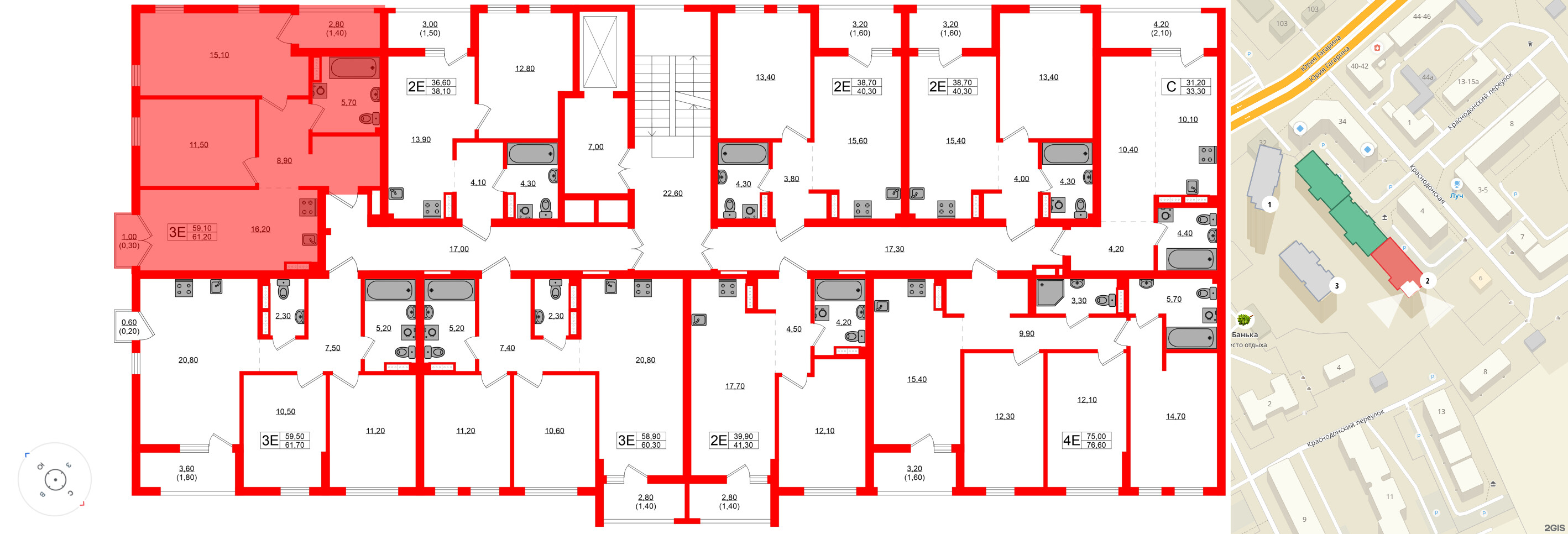 Квартира в ЖК Гагарина 30, 2 комнатная, 59.1 м², 4 этаж