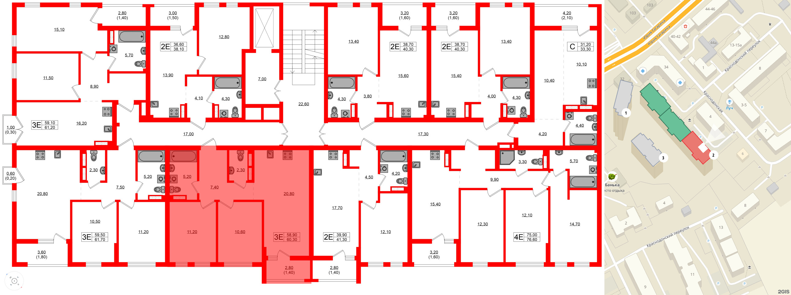 Квартира в ЖК Гагарина 30, 2 комнатная, 58.9 м², 6 этаж